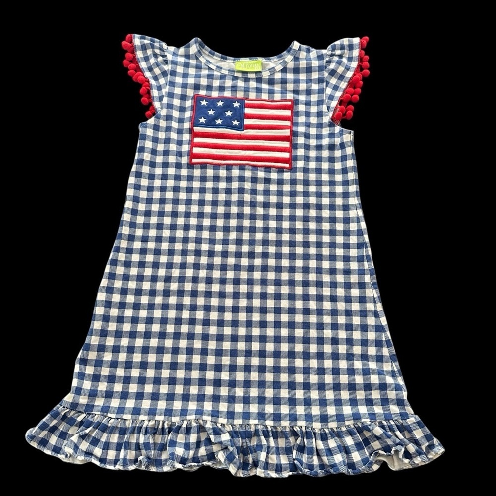 Classic Whimsy Girls size 6 Blue Gingham Flag Embroidered Dress Patriotic Summer
